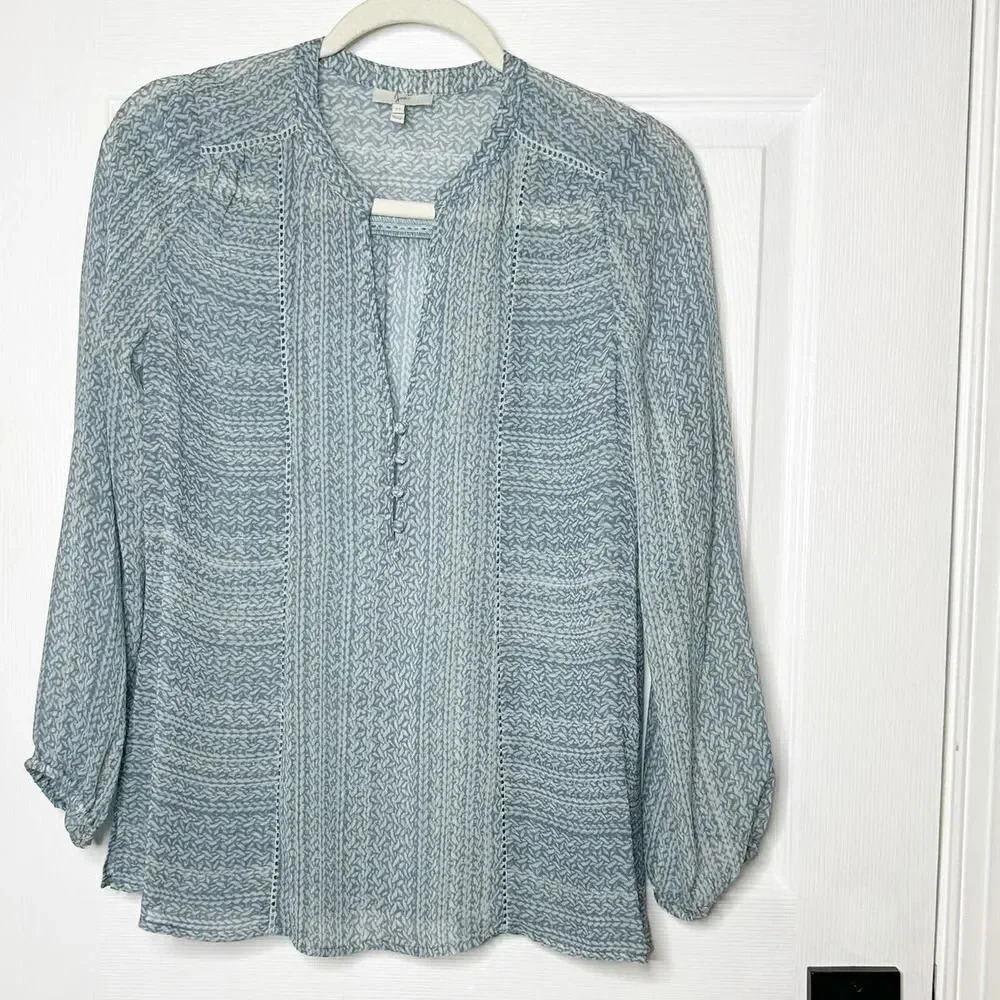 JOIE Womens XS Parmena‎ Blue Printed Sheer 100% Silk Blouse